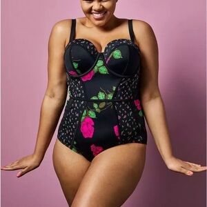Betsey Johnson x Torrid Black Swimsuit with Pink Floral Accents